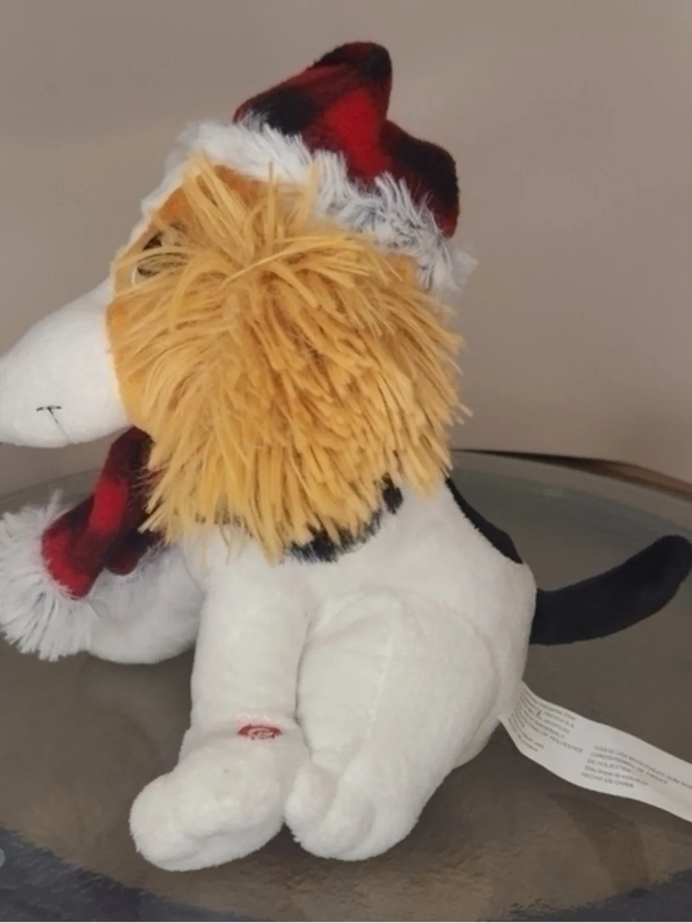 Plush Dog Toy with Red Plaid Hat and Scarf - White and Tan